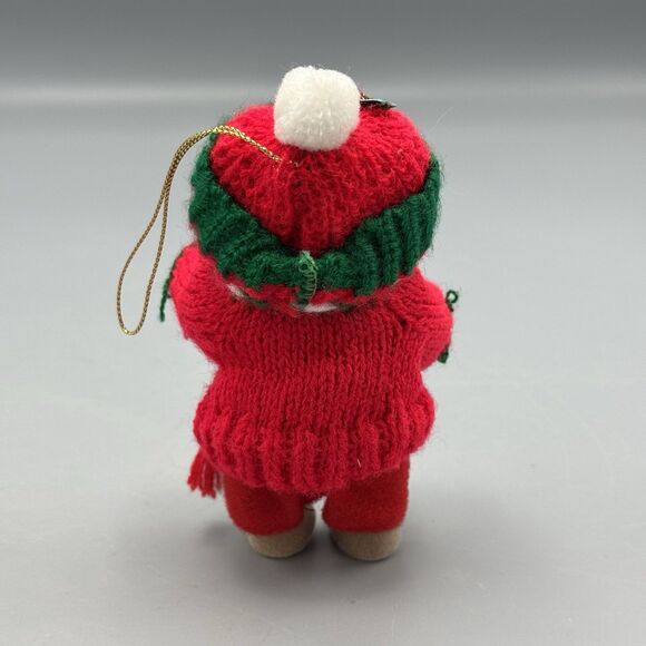 Vtg Flocked Articulated Teddy Bear Sweater Outfit Christmas Ornament 5" T READ - Picture 3 of 8